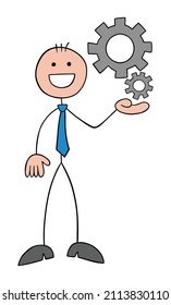 Stickman businessman holding gears. Hand drawn outline cartoon vector illustration.
