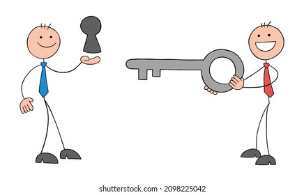 Stickman businessman is holding the keyhole and the other st,ckman businessman is holding the key. This is collaboration, teamwork. Hand drawn outline cartoon vector illustration.