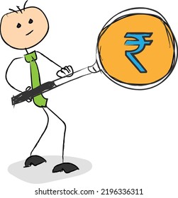 Stickman businessman holding magnifying glass against rupees symbol