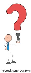 Stickman businessman holding question mark with keyhole. Hand drawn outline cartoon vector illustration.