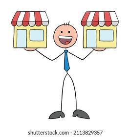 Stickman businessman holding shops. Hand drawn outline cartoon vector illustration.