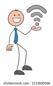 Stickman businessman holding wireless and wifi symbol. Hand drawn outline cartoon vector illustration.