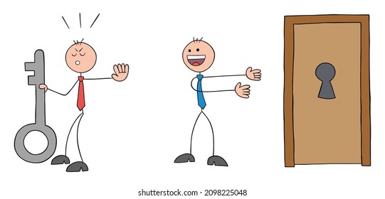 Stickman businessman holds the key and the other stickman businessman asks him to unlock the door with that key, but he refuses. Hand drawn outline cartoon vector illustration.