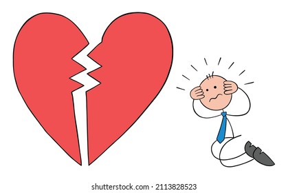 Stickman businessman kneeling in front of broken heart and disappointed. Hand drawn outline cartoon vector illustration.