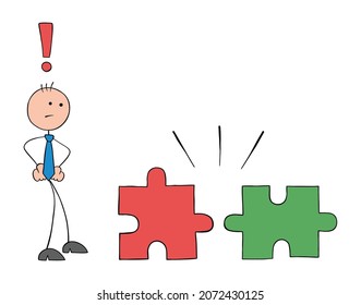 Stickman businessman looks at mismatched puzzle pieces and is confused. Hand drawn outline cartoon vector illustration.