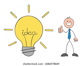 Stickman businessman man with idea light bulb, like it and giving thumbs-up. Hand drawn outline cartoon vector illustration.