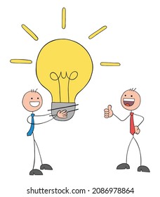 Stickman businessman offers his opinion and the other man likes it, giving thumbs up. Hand drawn outline cartoon vector illustration.