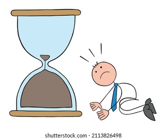 Stickman businessman is on his knees and devastated before the great hourglass, which is about to end. He could not complete the task on time.