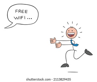 Stickman businessman is running excitedly towards the free wifi speech bubble. Hand drawn outline cartoon vector illustration.