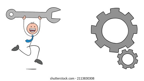Stickman businessman running to fix spinning gears, holding wrench. Hand drawn outline cartoon vector illustration.
