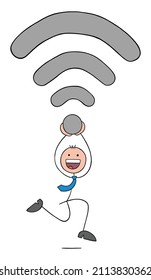 Stickman businessman is running and very happy carrying the strong wifi signal. Hand drawn outline cartoon vector illustration.