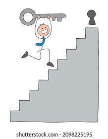 Stickman businessman runs to unlock the keyhole at the top of the ladder carrying the key and is very happy. Hand drawn outline cartoon vector illustration.