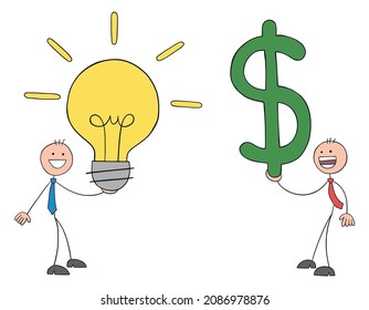 Stickman businessman sells his idea for money. Hand drawn outline cartoon vector illustration.