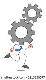 Stickman businessman with spinning gears hand and running. Hand drawn outline cartoon vector illustration.