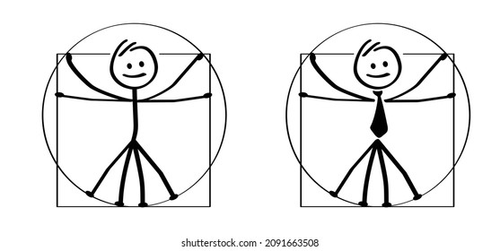 Stickman businessman vitruvian man symbol, Stick figures man, Leonardo da Vinci. Fun vector ratio icon or sign.  Cartoon human, anatomy body pictogram or logo for biology, anatomical, metaphor, health