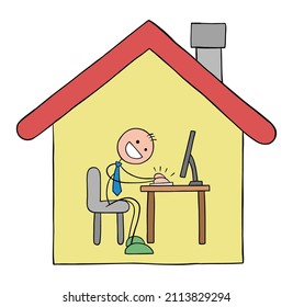 Stickman businessman works from home with computer. Hand drawn outline cartoon vector illustration.