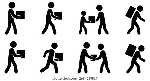 Stickman carregando caixas e pacotes em diferentes poses de entrega e correio representando logística, transporte e serviços postais