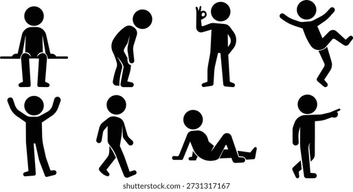 Conjunto de poses de atividade casual Stickman, Ícones de silhueta de ação diária humana, Coleção de gestos de pessoas simples