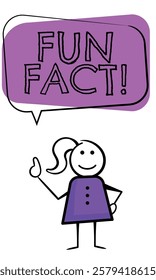 Stickman character points at a Fun Fact announcement banner, Basic stick figure design character isolated on a white background