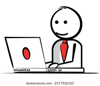 Stickman character using a laptop, Businessman working remotely or working in an office concept