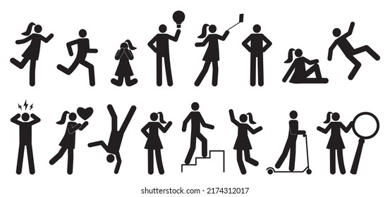 Stickman characters. Black silhouette people, man and woman, different poses, falling or running, climbing stairs, making selfies, riding scooter, holding magnifying glass, nowaday vector set