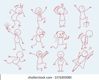 Stickman characters. Business person in doodle style cute expressions man funny poses office manager working vector line sketches