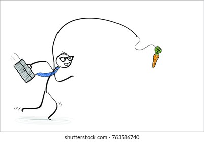 Stickman chasing carrot on stick, motivation concept