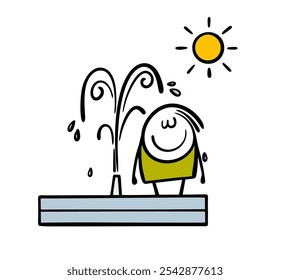 Stickman climbed into street fountain, stands wet in the water and enjoys. Vector illustration of a hot day. Funny kid is thirsty. Isolated cartoon character on white background.