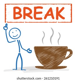 Stickman with with coffee cup and german text "Pause", translate "Break". Eps 10 vector file.