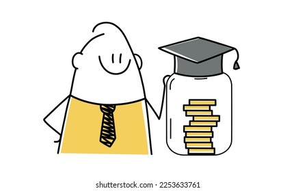 Stickman collect money make savings in jar for future education in university or college. Stick figure. Doodle style. Vector illustration.