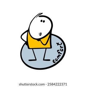 Stickman is in a comfort zone. Vector illustration of doodle man thinking how to go beyond the limits. Psychological support.  
 Isolated funny character on white background.