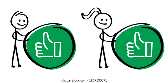 Stickman, compliments, like hand thumb up. Funny okay or super good icons Flat vector okey hands. Cartoon stick figures man