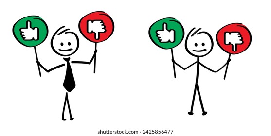 Stickman compliments oke, like hand thumb up or thumbs down. Okay or super good icon. Vector okey hands. Unlike or dislike day. Don't, Dont finger Stick figures or business man.