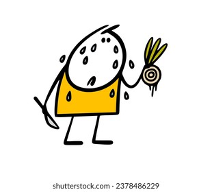 Stickman cook holds a fresh vegetable in his hand and cuts onions with a knife. Vector illustration of a man crying, tears streaming down his face, stinging in his eyes. Isolated funny person.