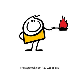 Stickman cook in the kitchen holds a frying pan with an open flame. Vector illustration of a teenager cooking meat roast according to a recipe.Hand drawn stick figure character isolated.