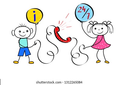 Stickman customer call service. Cartoon figures as technical support operators with online help and faq. Vector illustration