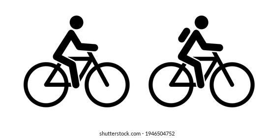 Stickman with cycle to school or work. Bike icon. Cycling line pattern banner. Stick figure man on bicycle. Flat vector cyclist sign. Mountain touring route. Sport logo. Racing bike or Mountain biker.