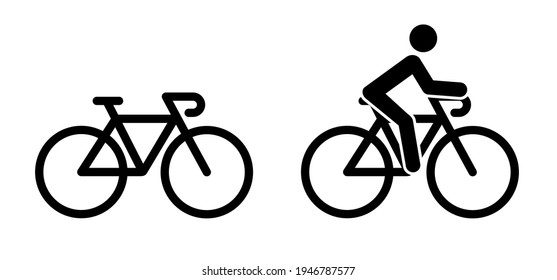 Stickman with cycle to school or work. Bike icon. Cycling line pattern banner. Stick figure man on bicycle. Cyclist sign. Mountain touring route. Sport logo. Racing bike or Mountain biker. Mamil, mawi