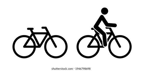 Stickman with cycle to school or work. Bike icon. Cycling line pattern banner. Stick figure man on bicycle. Flat vector cyclist sign. Mountain touring route. Sport logo. Racing bike or Mountain biker