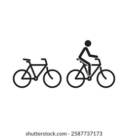Stickman with cycle to school or work. Bike icon, Stick figure man on bicycle. Flat vector cyclist sign, Sport logo