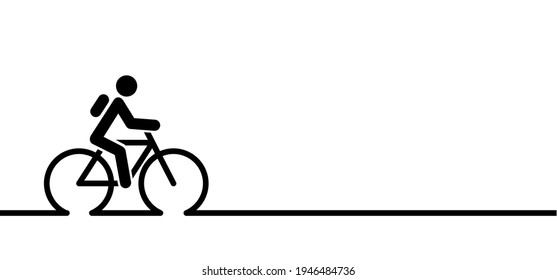 Stickman With Cycle To Work Or School. Bike Icon. Cycling Line Pattern Banner. Stick Figure Man On Bicycle. Flat Vector Cyclist Sign. Mountain Touring Route. Sport Logo. Racing Bike Or Mountain Biker.