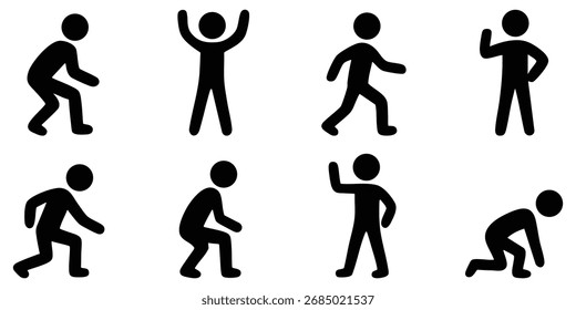 Stickman in verschiedenen Aktivitäts-Posen wie Stehen, Laufen, Sitzen, Jubeln und Gehen, die menschliches Handeln und Bewegung darstellen