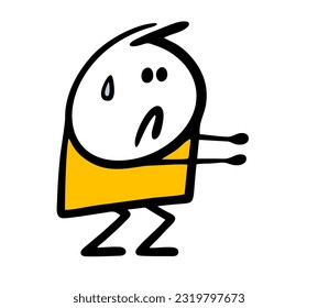 Stickman does physical exercise, squats with difficulty. Vector illustration of a workout in a gym. Hand drawn stick figure character isolated on white background.