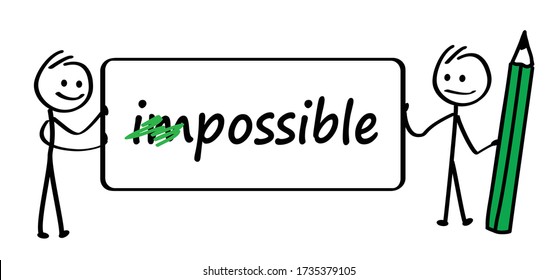 Stickman drawing impossible to possible Happy smile stickman emoji icons Funny comic stick figures man, woman Vector communication emotions sign drawing cartoon person Slogan positive motivation idea