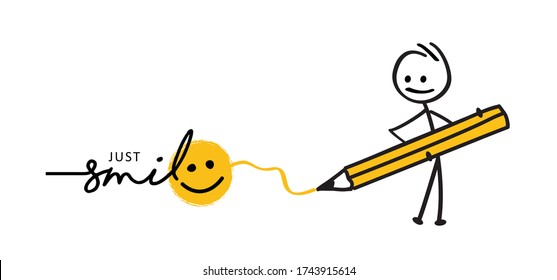 Stickman drawing the slogan just smile Happy relax emoji icons Funny comic thoughts stick figures man woman Vector motivation sign Drawing cartoon person World smiling month Every day Line pattern