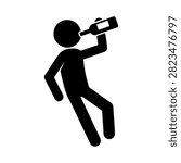 Stickman drinking and falling down icon. Drunk person silhouette losing balance after alcohol consumption, addiction or intoxication concept, black vector illustration isolated on white background.