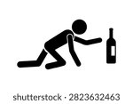 Stickman drinking and falling down icon. Drunk person silhouette losing balance after alcohol consumption, addiction or intoxication concept, black vector illustration isolated on white background.