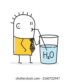 Stickman bebiendo agua de un vaso. Estilo Doodle. Ilustración vectorial.