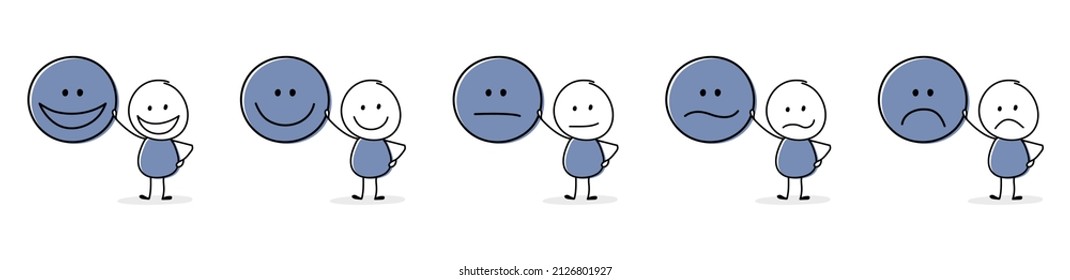 Stickman con emoticonos. Concepto de evaluación. Vector