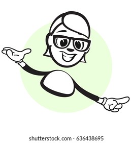 Stickman Emotion Woman with glasses pointing, with nice emotional face drawn